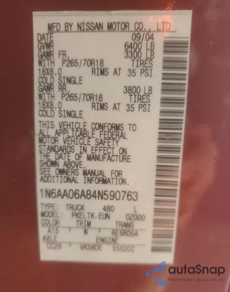 2004 Nissan Titan Xe z USA, uszkodzony, nr VIN 1N6AA06A84N590763